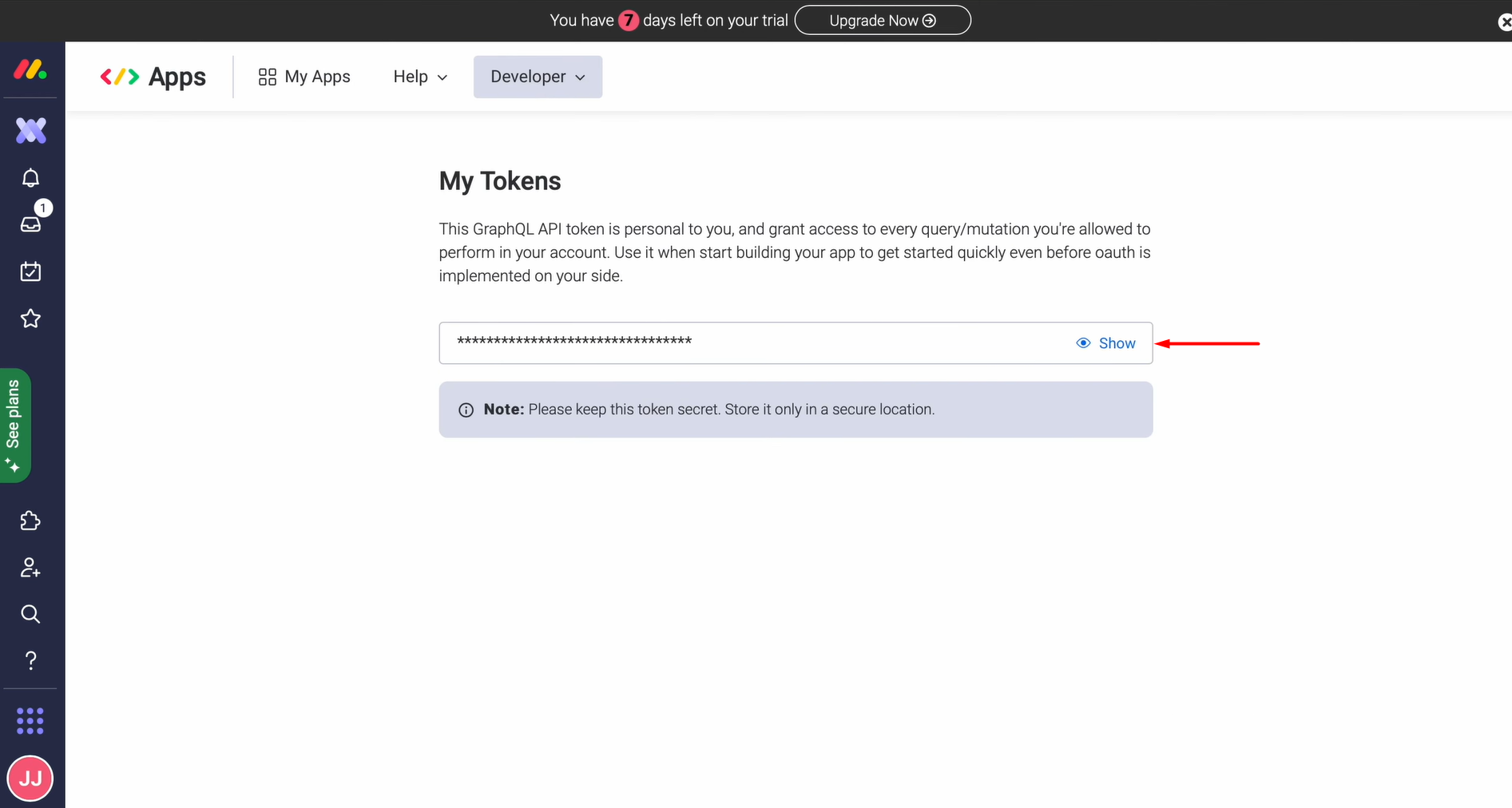 Click Show to see the token Click Show to see the token