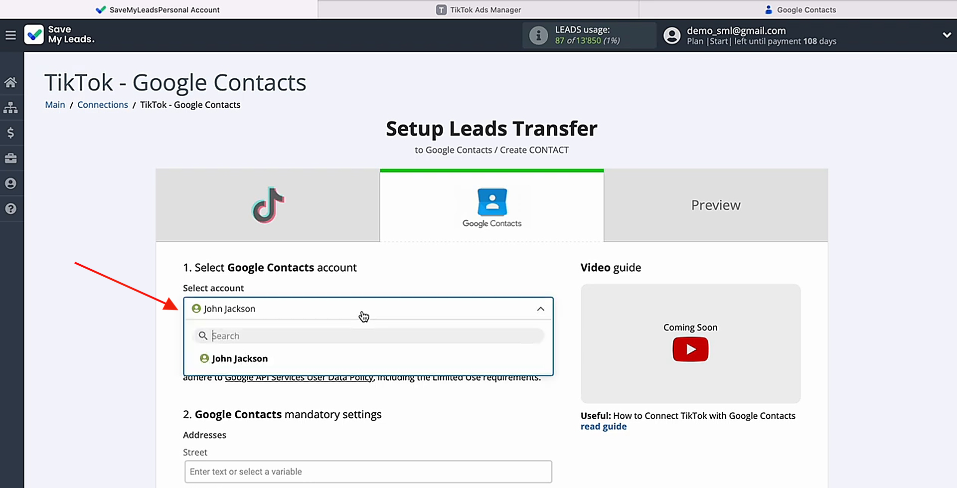 Select the connected account