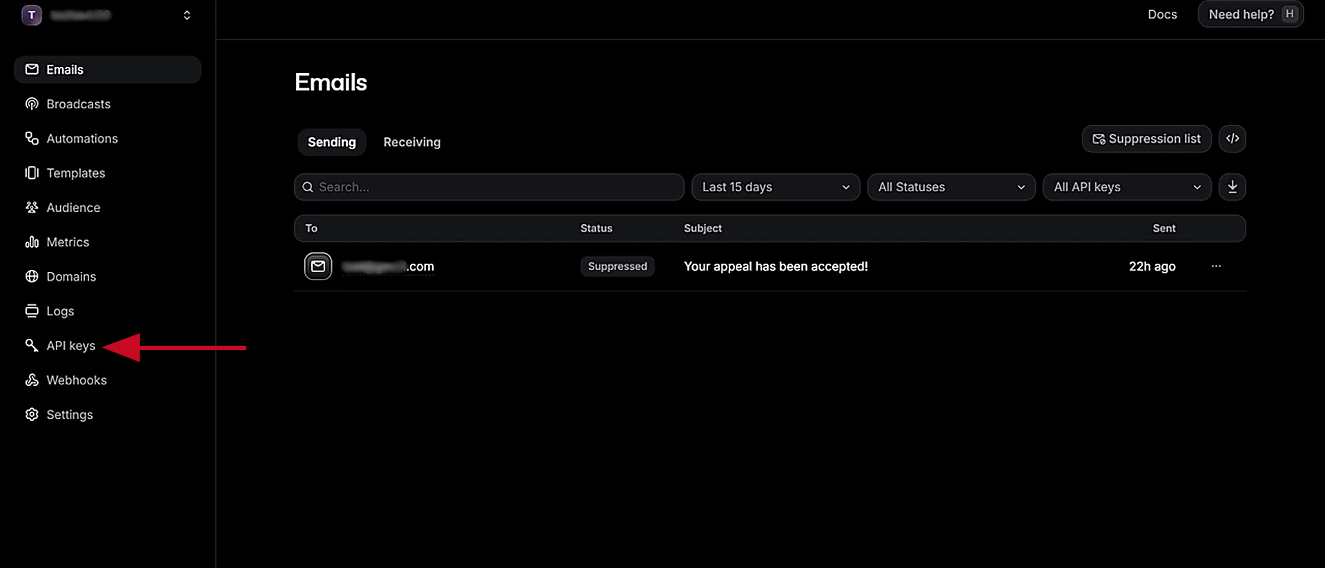 Select the API keys section