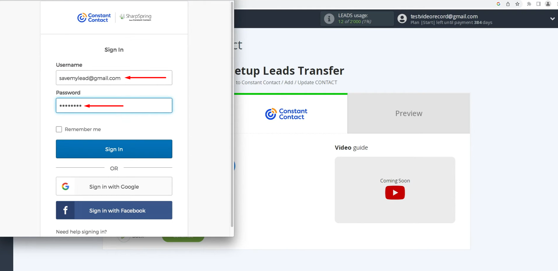 Enter your Constant Contact credentials Enter your Constant Contact credentials
