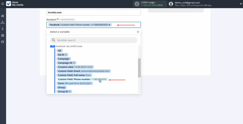 Facebook and Sinch integration | Assign a variable that contains the phone number