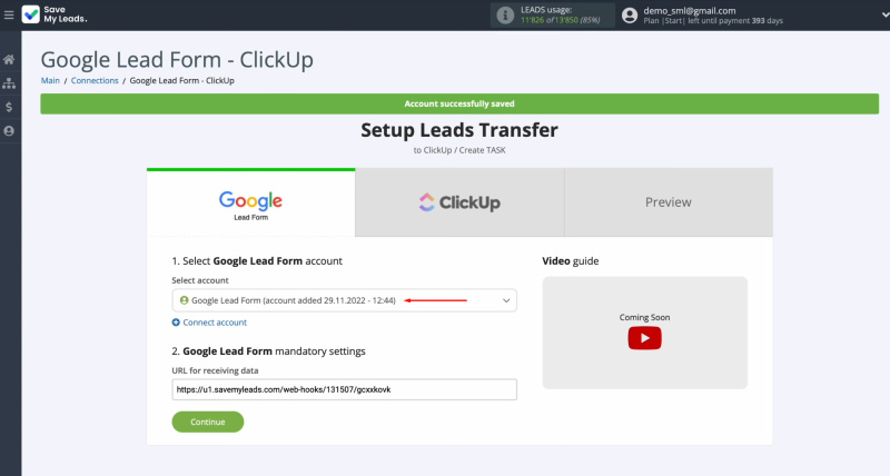 Google Ads Lead Form and ClickUp integration | Select the connected account