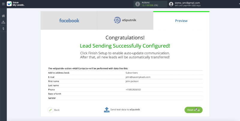 How to Send E-Mail via eSputnik from New Facebook Leads | Turn on auto-update