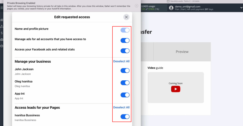 Facebook and Airtable integration | Leave all access checkboxes enabled