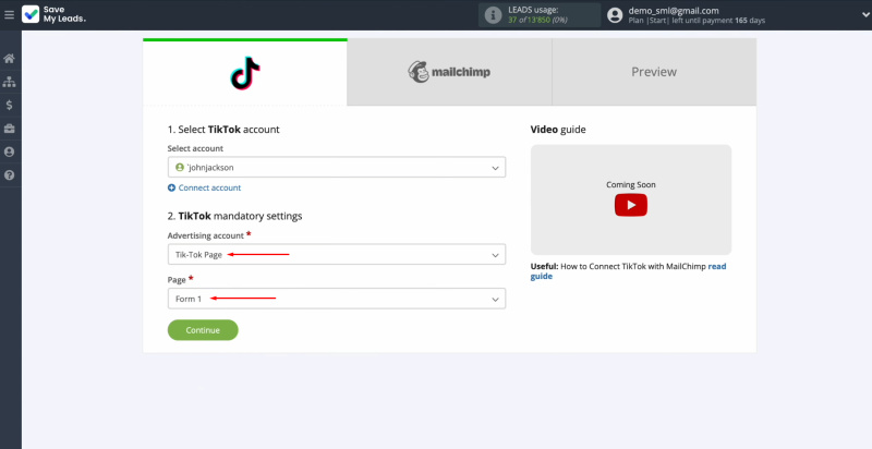 TikTok and Mailchimp integration | Select the advertising page and form