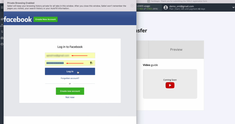 Textmagic and Facebook integration | Specify the login and password