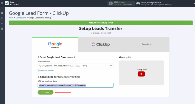 Google Ads Lead Form and ClickUp integration | Сlick "Continue" to complete the process