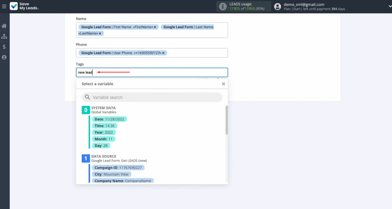 Google Ads Lead Form and Notion integration | You can use not only variables but also manually enter values