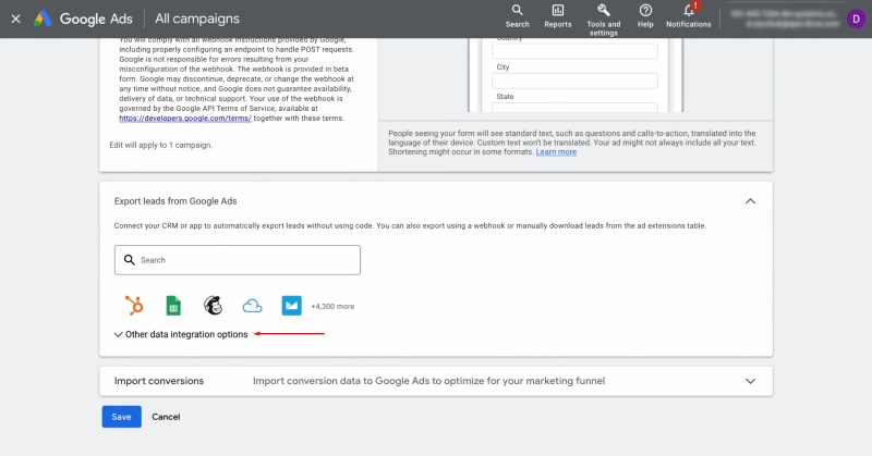 Find the “Other data integration options” section