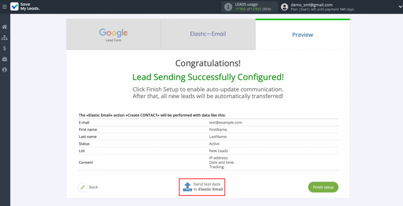 Google Lead Form and Elastic Email integration | Click “Send test data to Elastic Email”