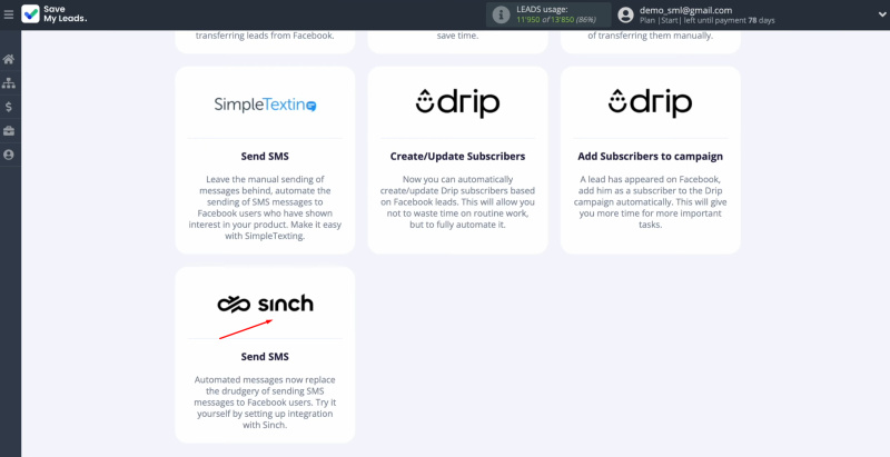 Facebook and Sinch integration | Select “Sinch Send SMS”