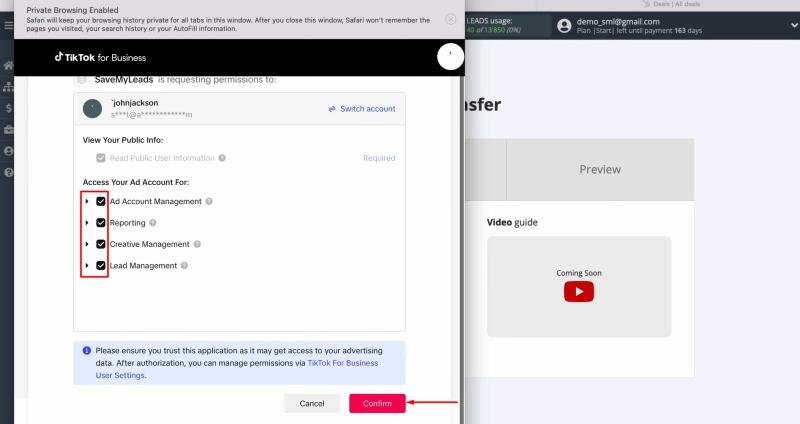 TikTok and HubSpot integration | Ensure all permission checkboxes are enabled