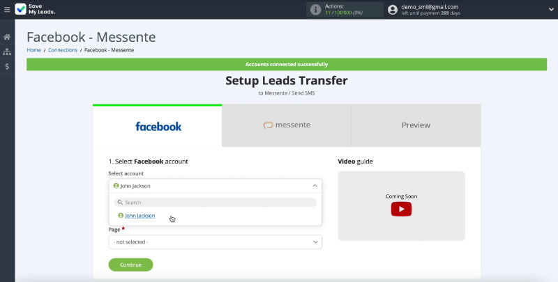 How to set up Facebook and Messente integration | Select connected account