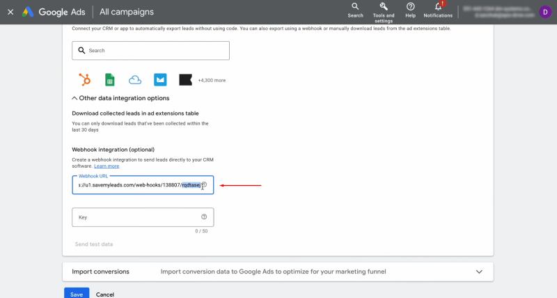 Google Lead Form and Sinch integration | Copy the last part of the SaveMyLeads URL