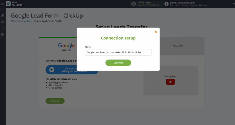 Google Ads Lead Form and ClickUp integration | Assign a name to the connected account