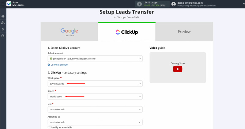 Google Ads Lead Form and ClickUp integration | Specify the workspace and space