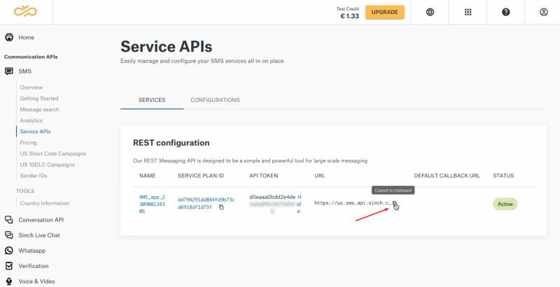 Facebook and Sinch integration | Copy the URL