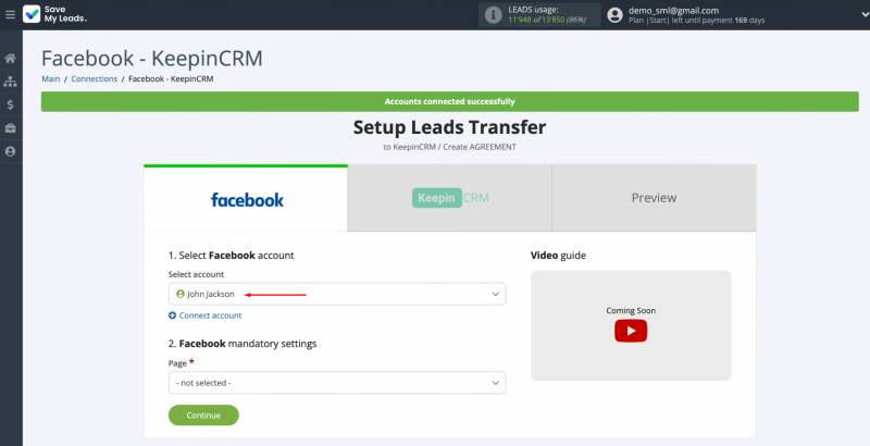Facebook KeepinCRM integration | Select the connected account