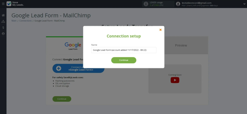 Google Lead Form and Mailchimp integration | Give a name to the connection, or just click "Continue"