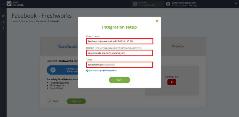 Facebook and Freshworks integration | Entering the data to connect