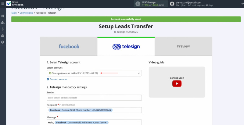 Telesign and Facebook integration | Select the connected account