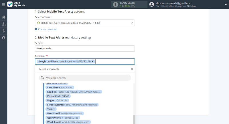 Google Lead Form and Mobile Text Alerts integration | Select a variable from the drop-down list