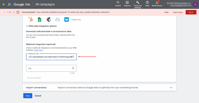 Google Ads Lead Form and Notion integration | Paste the copied URL into the correct field in SaveMyLeads