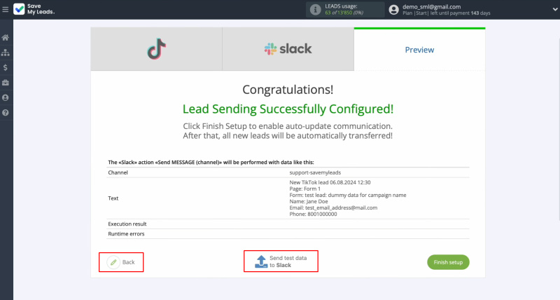 TikTok and Slack integration | Click “Send test data to Slack”