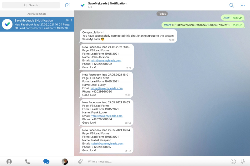 How to set up the upload of new leads from a Facebook advertising account in Telegram | Facebook leads sent as Telegram messages