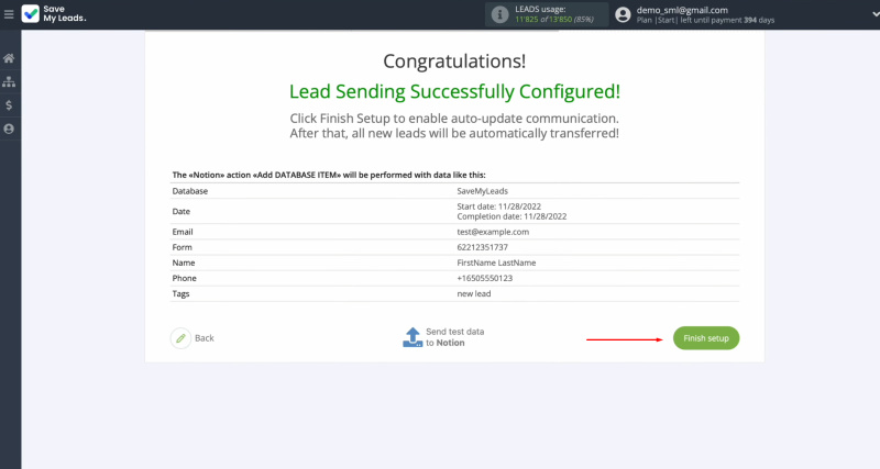 Google Ads Lead Form and Notion integration | Click “Finish setup” to enable auto-update
