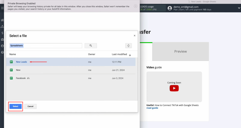 TikTok and Google Sheets integration | Select the file