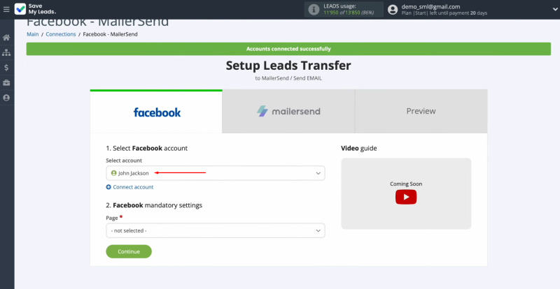 Facebook and MailerSend integration | Select the connected account