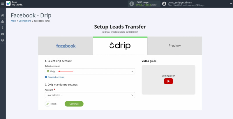 Facebook and Drip integration | Select the connected account