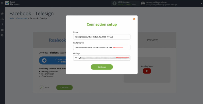 Telesign and Facebook integration | Paste the ID and API key into the appropriate fields