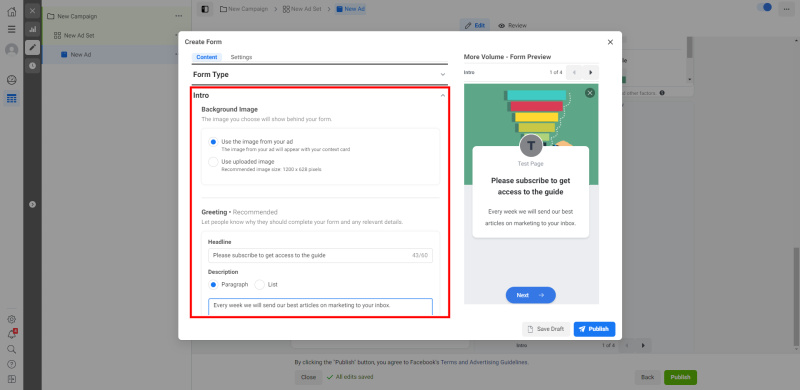 How to Set Up Facebook Lead Form Ads | Setting up the first screen of the form