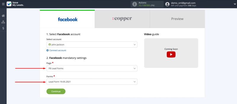 Facebook and Copper integration | Define the required parameters