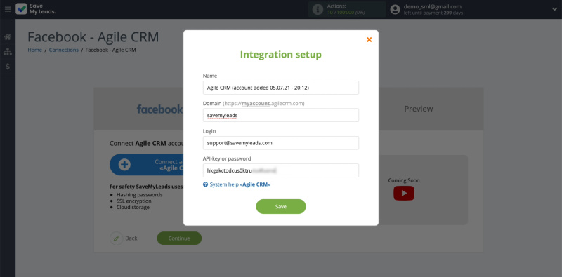 Facebook and AgileCRM integration | Entering data to connect