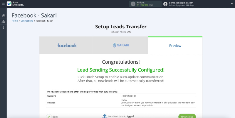 How to Send SMS via Sakari from New Facebook Leads | Send test data