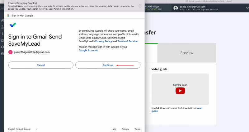 TikTok and Gmail integration | Click “Continue”