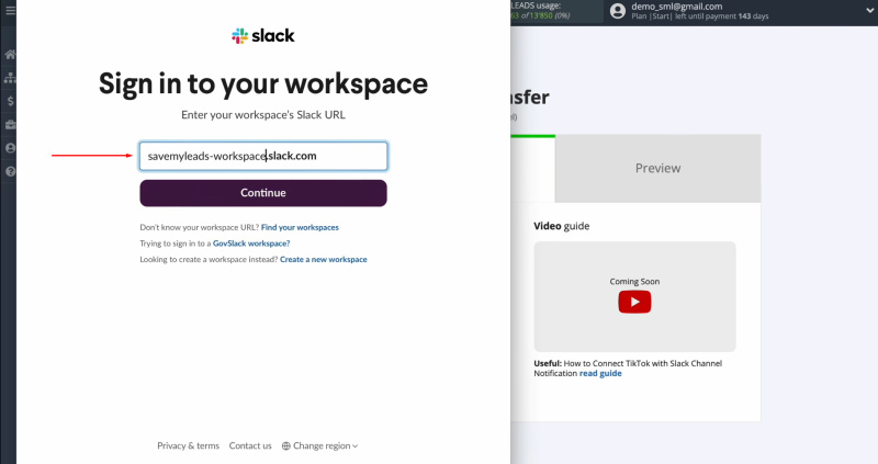 TikTok and Slack integration | Paste the copied workspace into the provided field