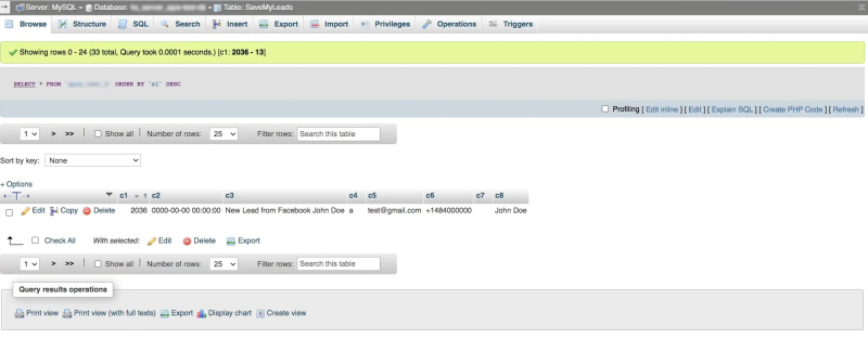 MySQL and Facebook integration | Result of connecting platforms