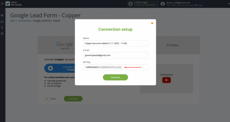 Google Lead Form and Copper integration | Insert the API key into the designated field in SaveMyLeads