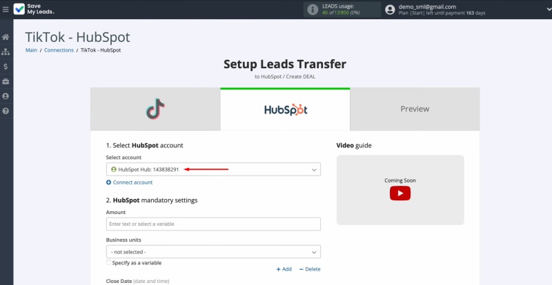 HubSpot and TikTok integration | Select the connected account