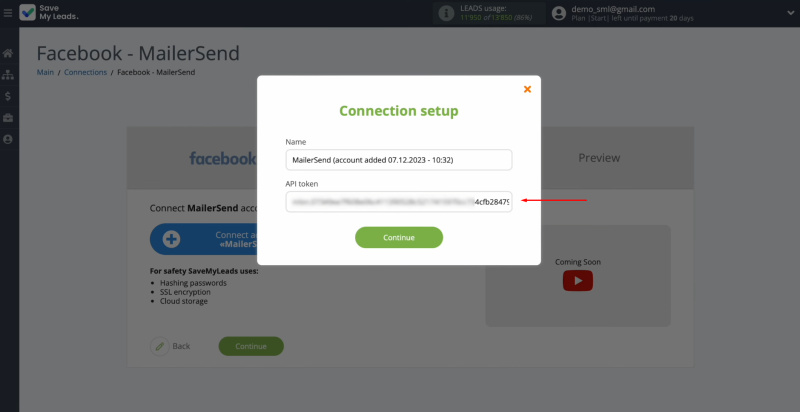 Facebook and MailerSend integration | Paste the token into the appropriate field