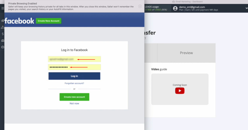 Elastic Email and Facebook integration | Specify the login and password of your personal Facebook account