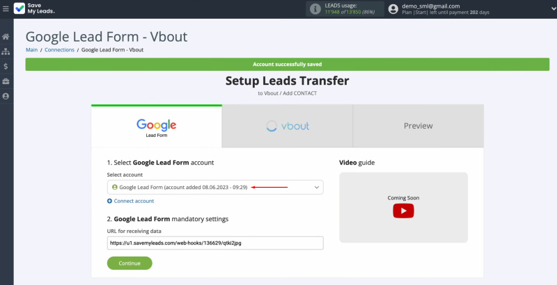 Google Ads Lead Form and Vbout integration | Select the connected account