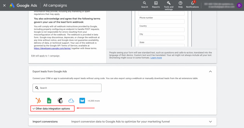 Google Lead Form and Copper integration | Go to the “Other data integration options” section