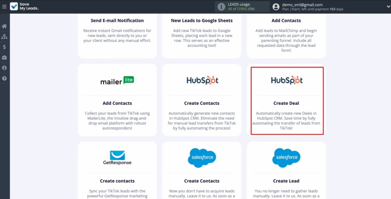 TikTok and HubSpot integration | Choose HubSpot (Create Deal)