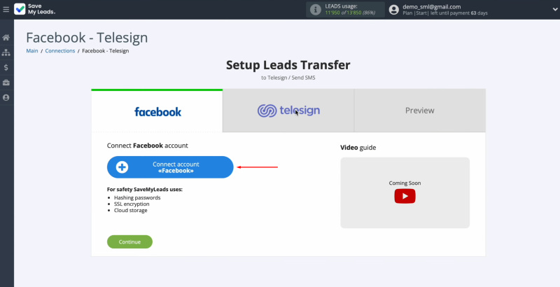 Telesign and Facebook integration | Click on the blue button