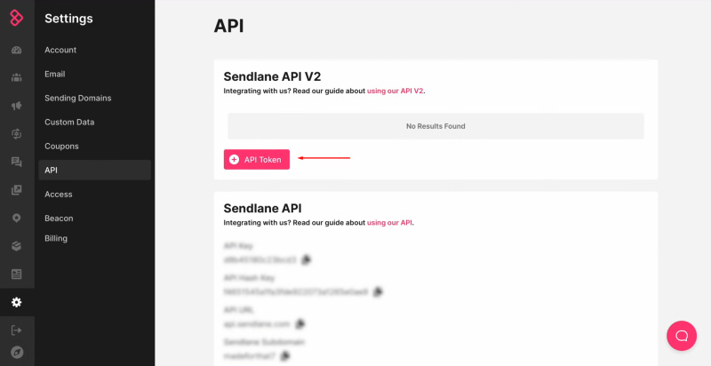 Sendlane and Facebook integration | Click “API token”